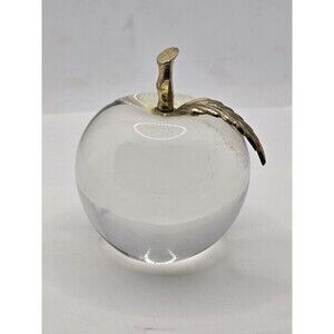 Art Glass Apple Paperweight Clear with Brass Stem and Leaf